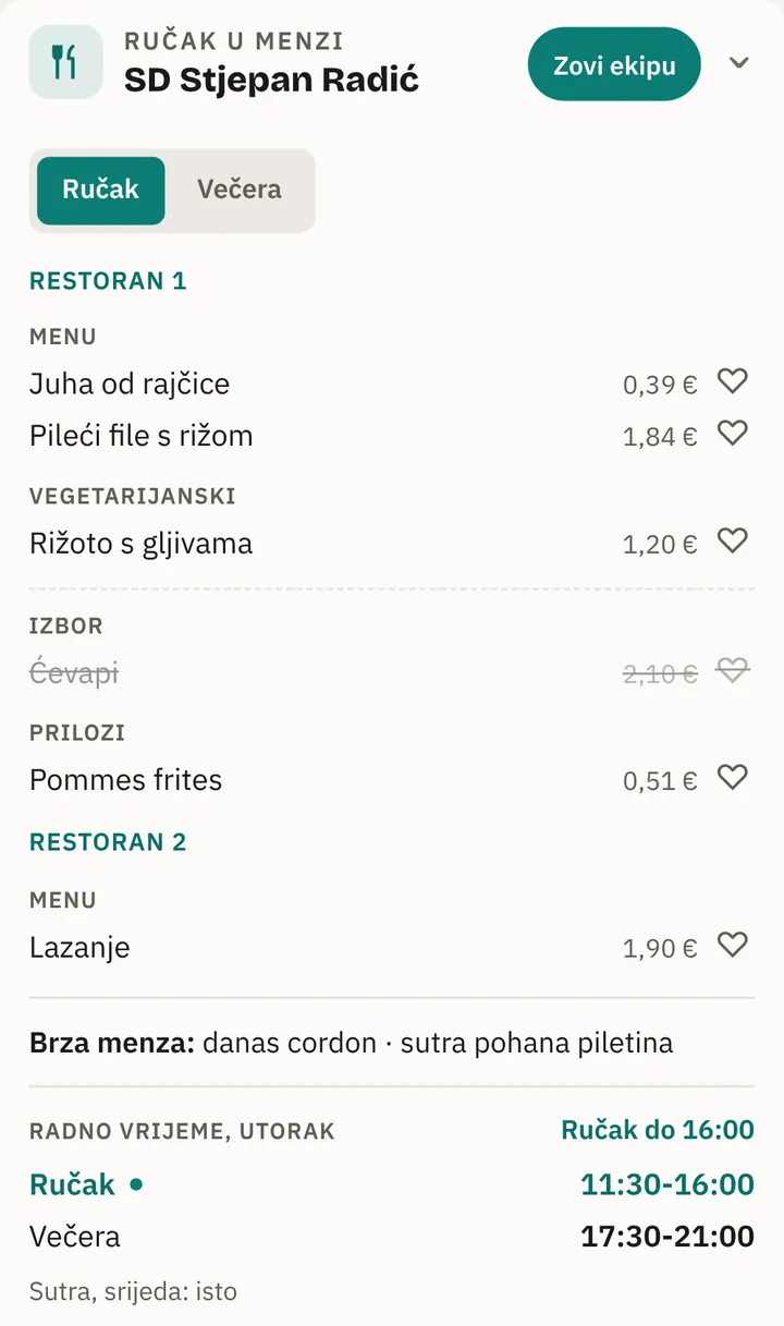 Menza: ručak po restoranima i radno vrijeme